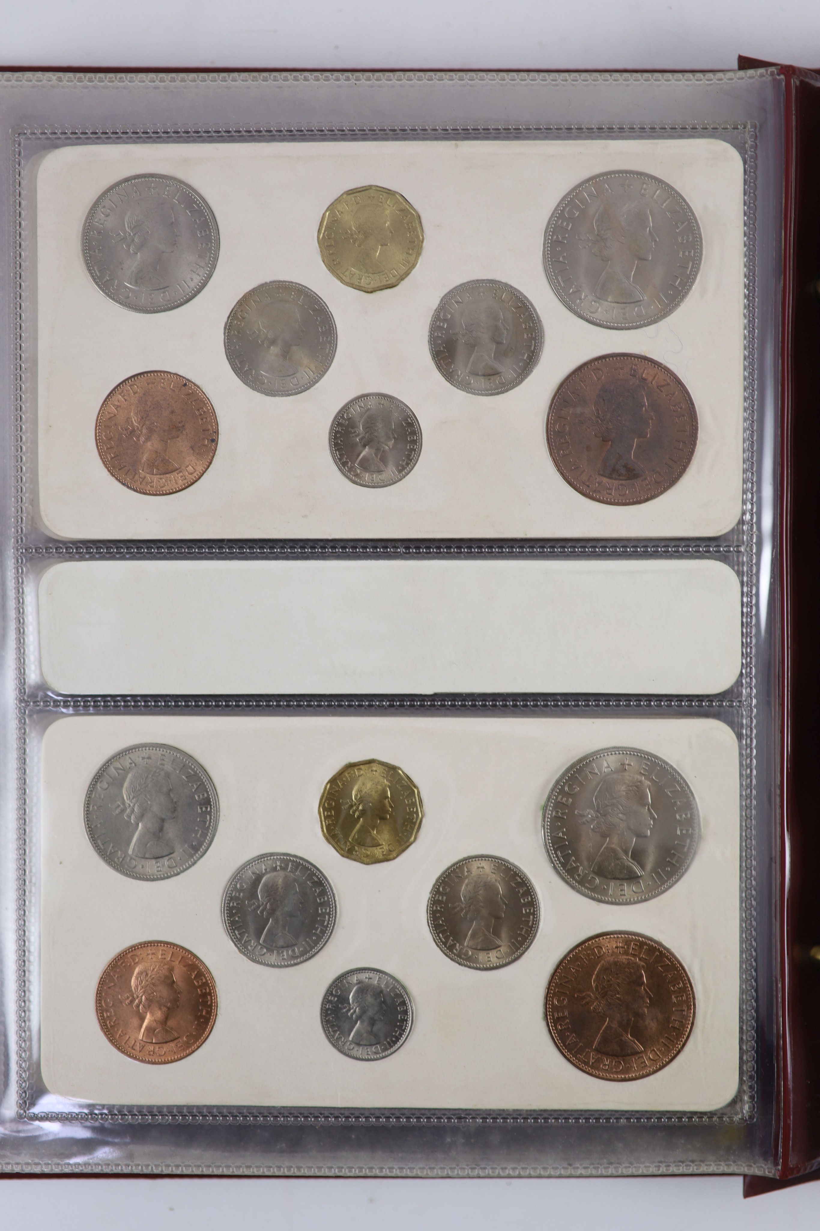 Queen Elizabeth II pre-decimal specimen coin sets for 1953 - 1967, first and second issues, all EF/UNC (15 sets), including 1954, 1957-1959 halfcrowns, florins and shillings, scarce in high grade
